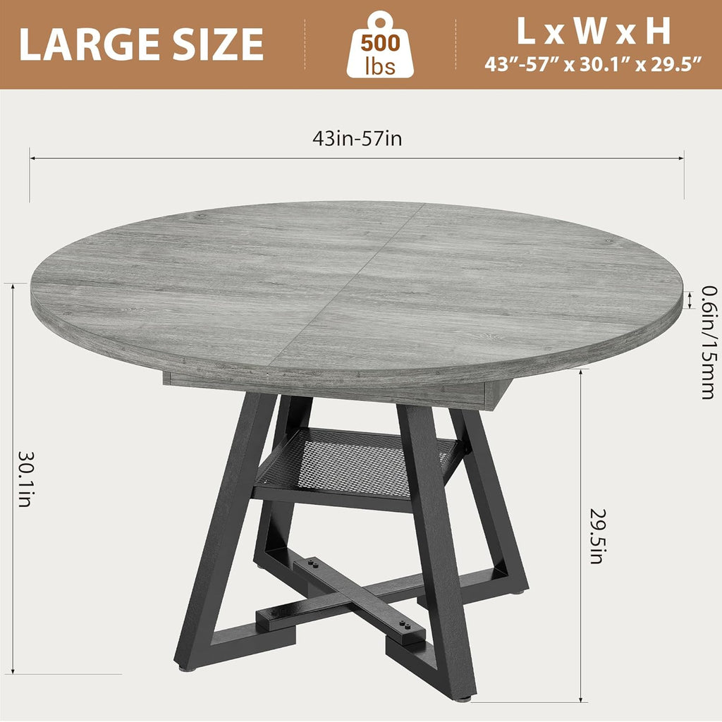 Expandable Kitchen Dining Table for 4-6, Oval Round Dining Table with Storage Shelf and Removable Extension Leaf, Space Saving Pedestal Table for Dining Room, Modern Industrial Style (Grey)