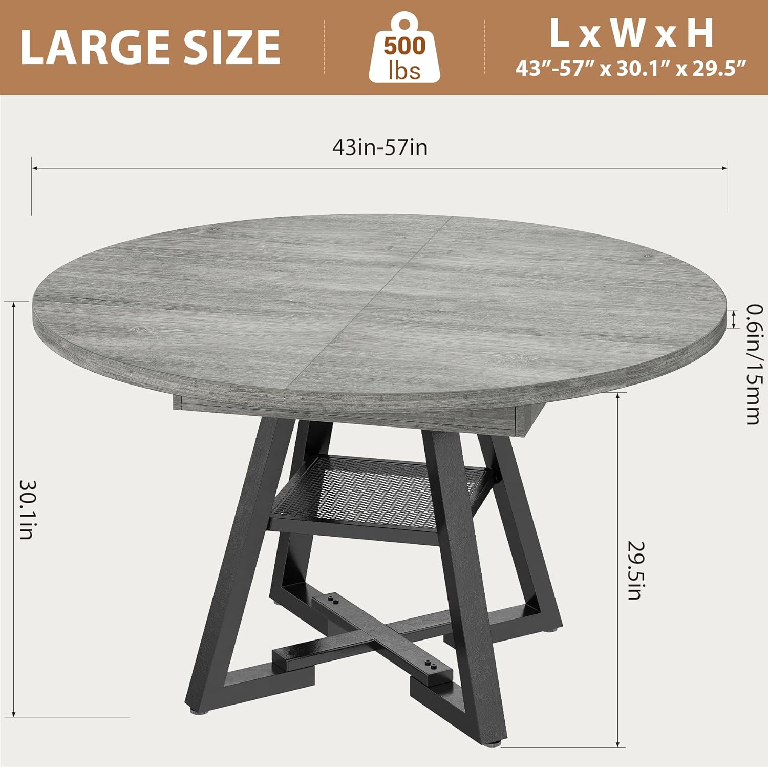Expandable Kitchen Dining Table for 4-6, Oval Round Dining Table with Storage Shelf and Removable Extension Leaf, Space Saving Pedestal Table for Dining Room, Modern Industrial Style (Grey)