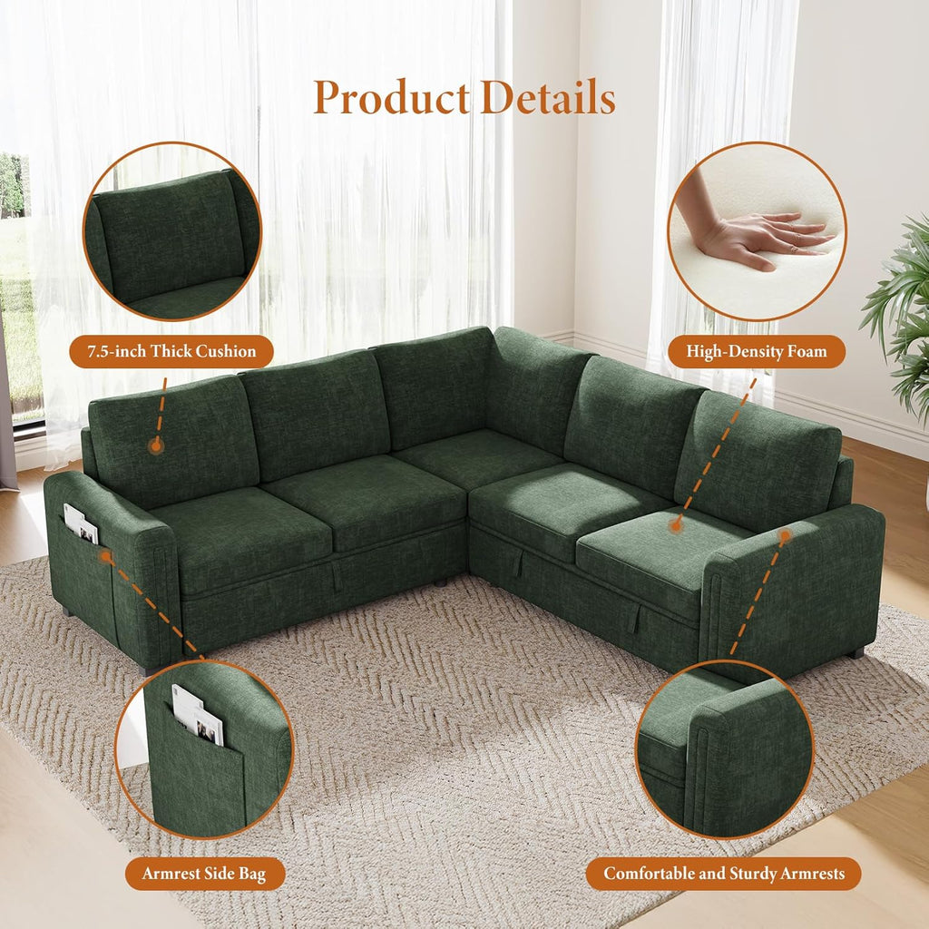 Vesgantti 88.4" Sectional Sleeper Sofa with Pull Out Bed, 5 Seater L Shaped Modular Sectional Couch with Storage, Comfy Chenille Modular Couch for Living Room, Bedroom, Apartment, Green