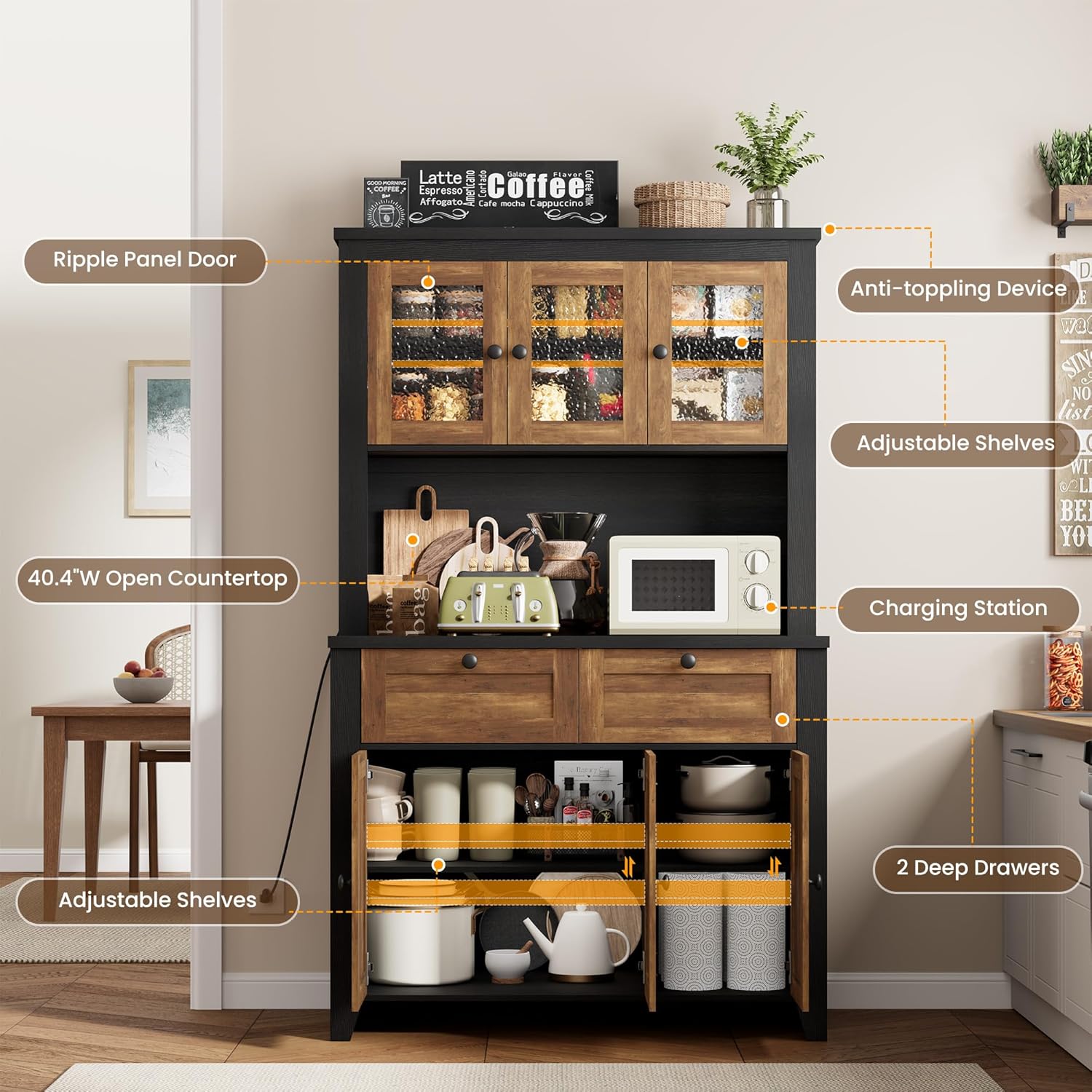 GarveeHome 66" Tall Pantry Cabinet with Power Outlet & LED Light, Kitchen Pantry Storage Cabinets with Countertop, Large Kitchen Hutch with Storage Drawers & Water Ripple Acrylic Panel Cabinet Door