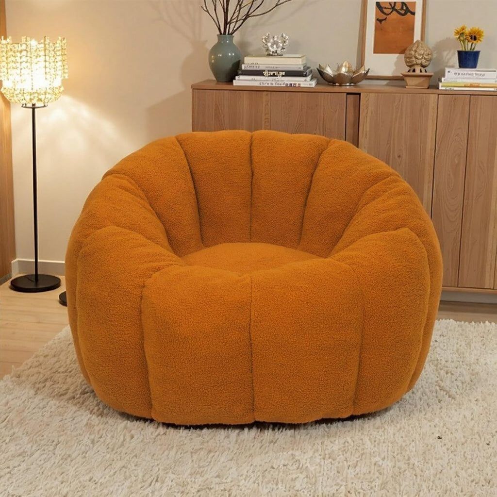 Bean Bag Chair, Large Beanbag Chairs with Filling, Bean Bag Chair with Filler, Stuffed Beanbag Chairs for Living Room (Teddy Fabric in Orange Brown, No Ottoman)