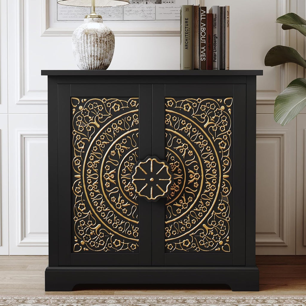 ARTPOWER Embossed Accent Cabinet with Gold Florals Pattern, Vintage Sideboard Buffet Cabinet, Credenza Storage Cabinets with Doors and Shelves for Living Room, Dining Room, Entryway, Hallway, Black
