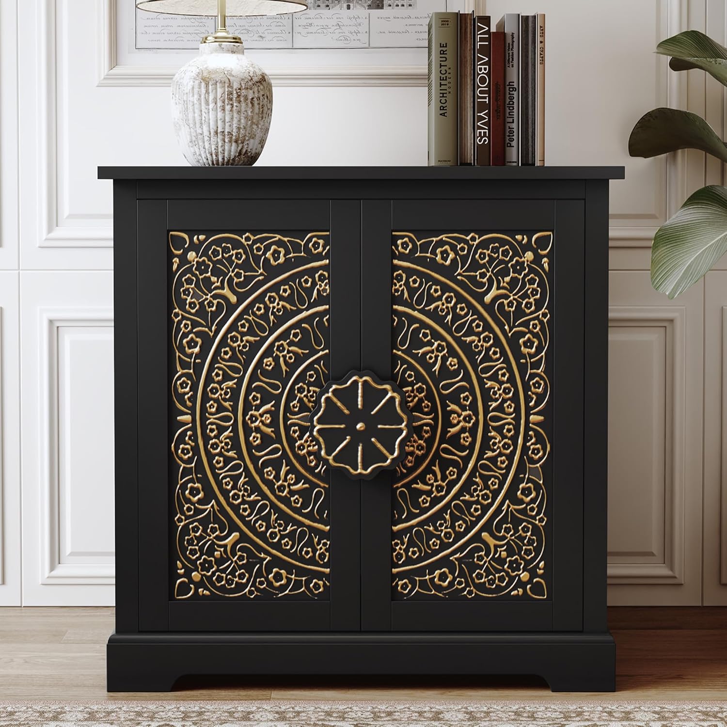 ARTPOWER Embossed Accent Cabinet with Gold Florals Pattern, Vintage Sideboard Buffet Cabinet, Credenza Storage Cabinets with Doors and Shelves for Living Room, Dining Room, Entryway, Hallway, Black