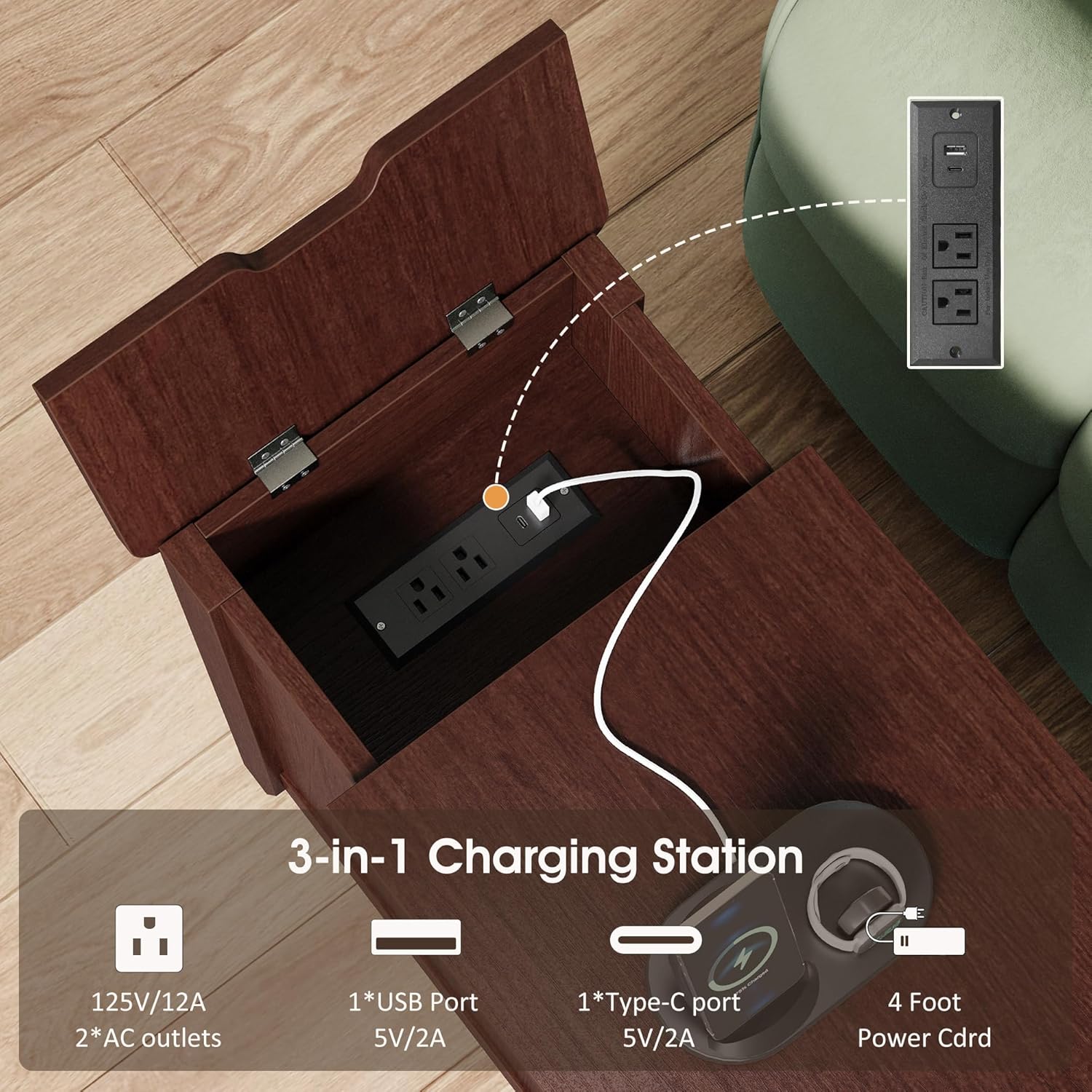 Side Table Set of 2 with Charging Station, 23.6" Tall End Table with Flip-Top Hidden Outlets & USB-C Port, Narrow Nightstand with Drawer and Storage Cabinet for Bedroom, Living Room,Small Spaces