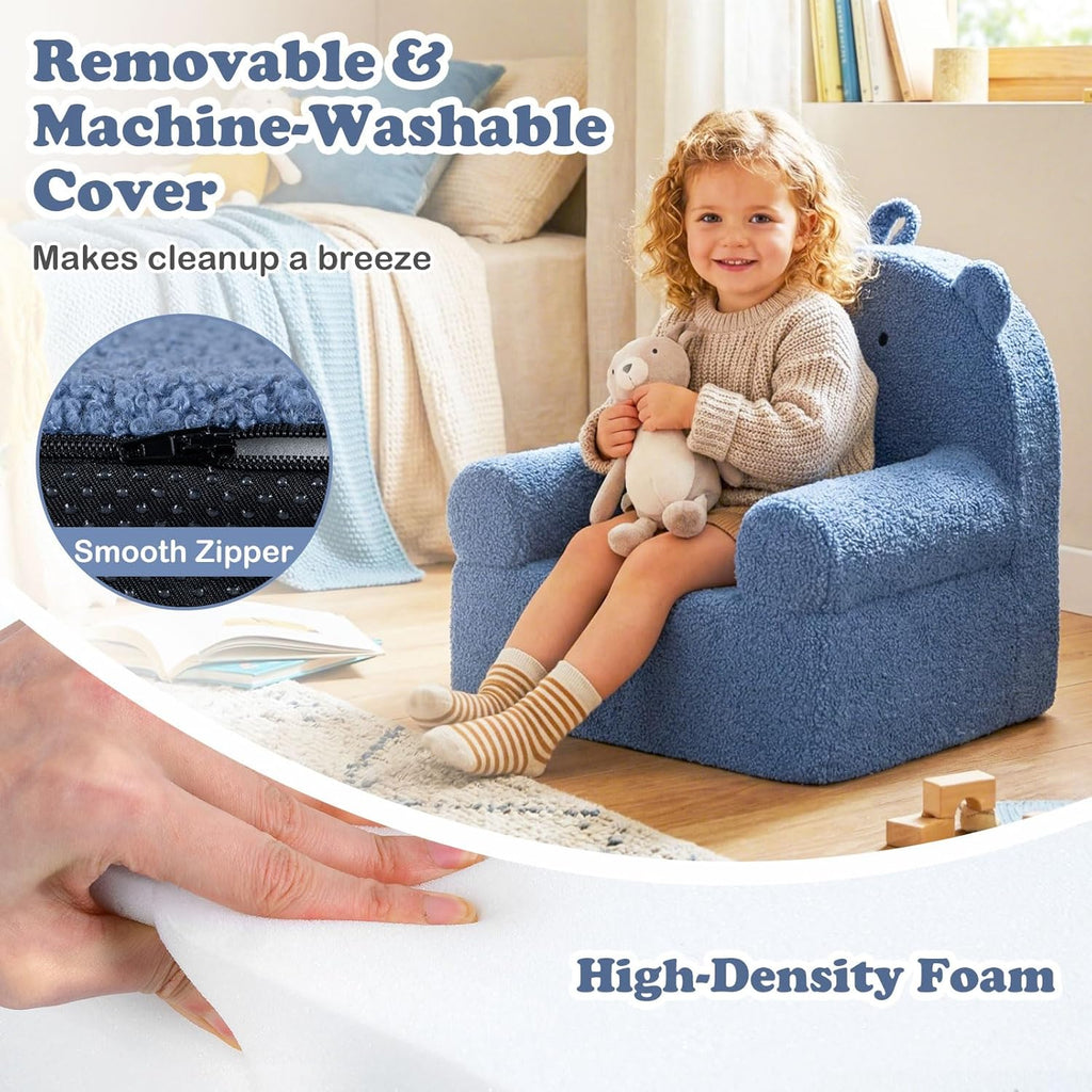 Costzon Kids Sofa, Comfy Bear Toddler Foam Couch with Soft Fleece Fabric Cover, Kids Furniture for Playroom, Children Reading Armchair for Boys & Girls Aged 3+ (["Teddy Fleece],Blue)