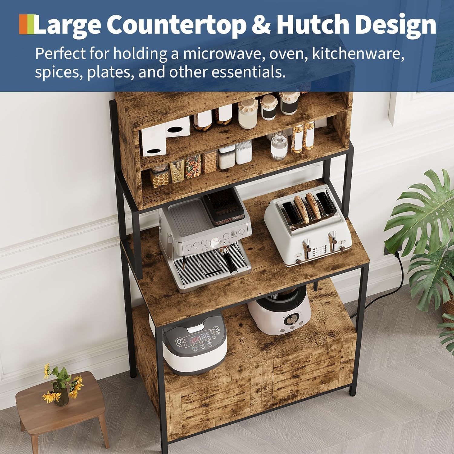 Garvee Bakers Rack with Storage Cabinet, 68" Industrial 6-Tier Kitchen Storage Shelf with Cabinet,Microwave Stand,Shelves,Freestanding Coffee Bar for Pots, Spices & Kitchen Essentials