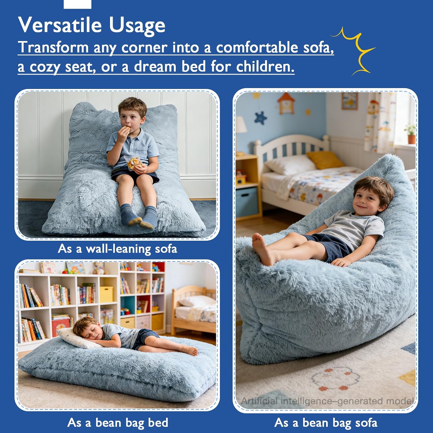 3 in 1 Kids Bean Bag Chair Bed, Kids Fluffy Stuffed Floor Pillow for Gaming and Reading, Ultra Soft Faux Fur Fabric Bean Bag Chairs to Lounger for Playroom, Living Room, Bedroom, Gray