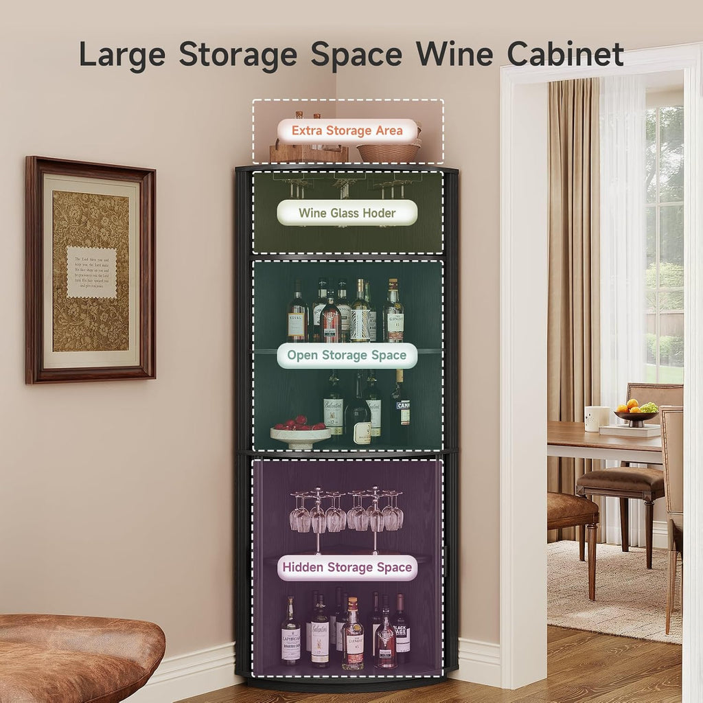 ONBRILL 72" Tall Corner Bar Cabinet with LED Lights, Fluted Wine Bar Cabinet with Storage, Mid-Century Modern Liquor Cabinets with Sliding Door & Wine Glass Holder, for Dining Room, Living Room Black