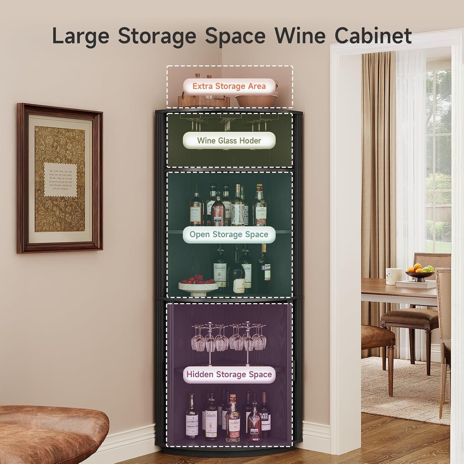 ONBRILL 72" Tall Corner Bar Cabinet with LED Lights, Fluted Wine Bar Cabinet with Storage, Mid-Century Modern Liquor Cabinets with Sliding Door & Wine Glass Holder, for Dining Room, Living Room Black