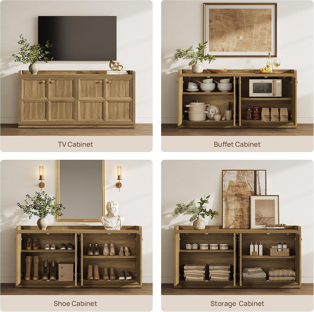 SICOTAS 4-Door Buffet Cabinet, 61.7" Wide Extra Long Sideboard with 2 Separate Bays & Adjustable Shelves, Modern Credenza Storage Cabinet with Gold Handles for Kitchen Living Room, Brown Oak, 1 PCS