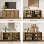 SICOTAS 4-Door Buffet Cabinet, 61.7" Wide Extra Long Sideboard with 2 Separate Bays & Adjustable Shelves, Modern Credenza Storage Cabinet with Gold Handles for Kitchen Living Room, Brown Oak, 1 PCS
