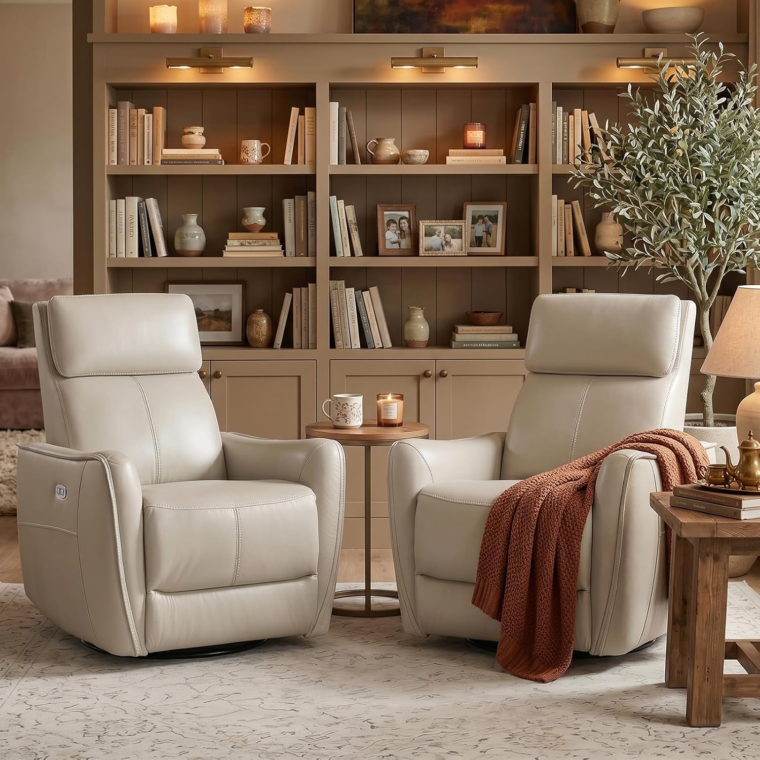 HAOMARKETS Electric Swivel Rocker Recliner Chair Set of 2, Power Faux Leather Glider Rocking Recliners for Adults,360° Swivel Nursery Reclining Sofa with USB Charging Port, Beige
