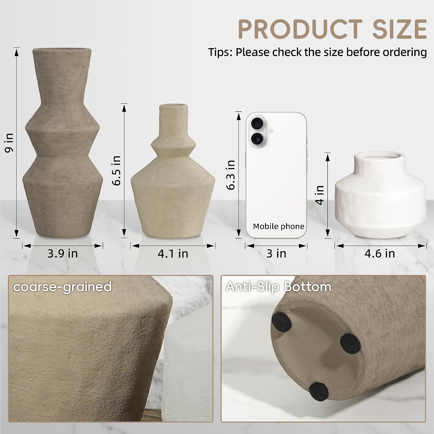 DREAMLOOM Ceramic Vase Set of 3, Modern Rustic Flower Vases for Pampas Grass, Dried & Fresh Flowers, Farmhouse Home Decor Vase for Living Room Bedroom Kitchen Shelf Centerpiece, Classic