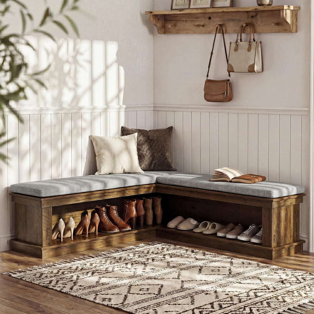 Tribesigns L-Shaped Storage Bench with Cushion, 63" Farmhouse Wooden Corner Entryway Shoe Bench with Open Shelves, L-Shaped Kitchen Nook Seating for Living Room, Hallway, Rustic Brown & Beige