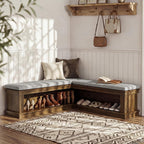 Tribesigns L-Shaped Storage Bench with Cushion, 63" Farmhouse Wooden Corner Entryway Shoe Bench with Open Shelves, L-Shaped Kitchen Nook Seating for Living Room, Hallway, Rustic Brown & Beige
