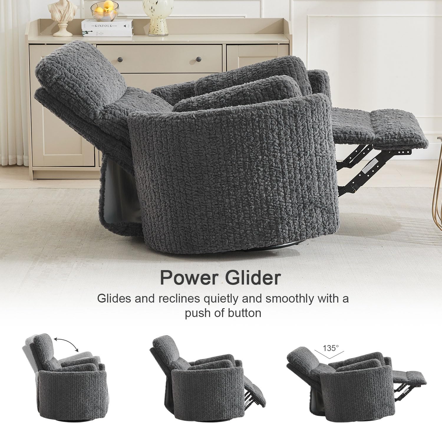 Nursery Rocking Chair, Boucle Upholstery Recliner with 2 Pillow, Swivel Glider Reclinerr, Power Reclining Sofa Chair for Living Room/Office/Apartment/Dark Gray