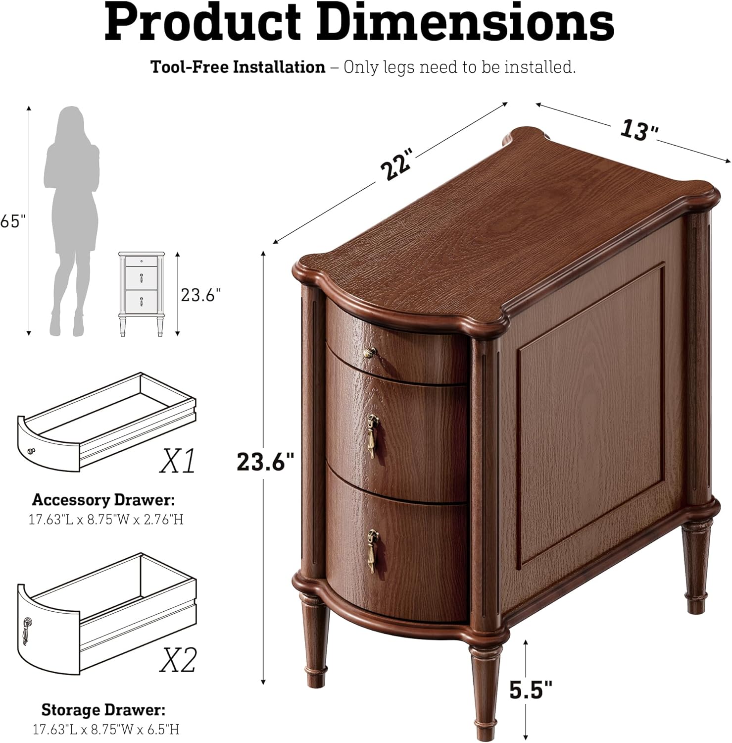 STO'SENSE Nightstand w/Charging Station & 3 Drawers, Pre-Assembled, Vintage Side Table w/Antique-Finished Pulls, Rustic Wood Finish, Narrow End Table w/Turned Legs for Bedroom (1, Brown)