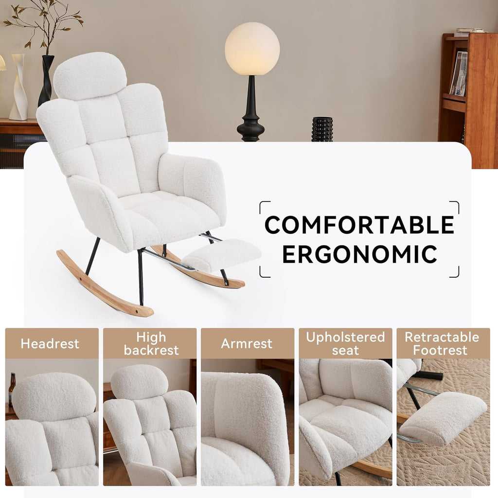 Modern Teddy Fabric Leisure Rocking Chair with Pillow Adjustable Footstool, High Backrest, Storage Pocket On The Right Side, Nursery Rocking Chair for Living Room, Bedroom, Nursing Room, Lvory