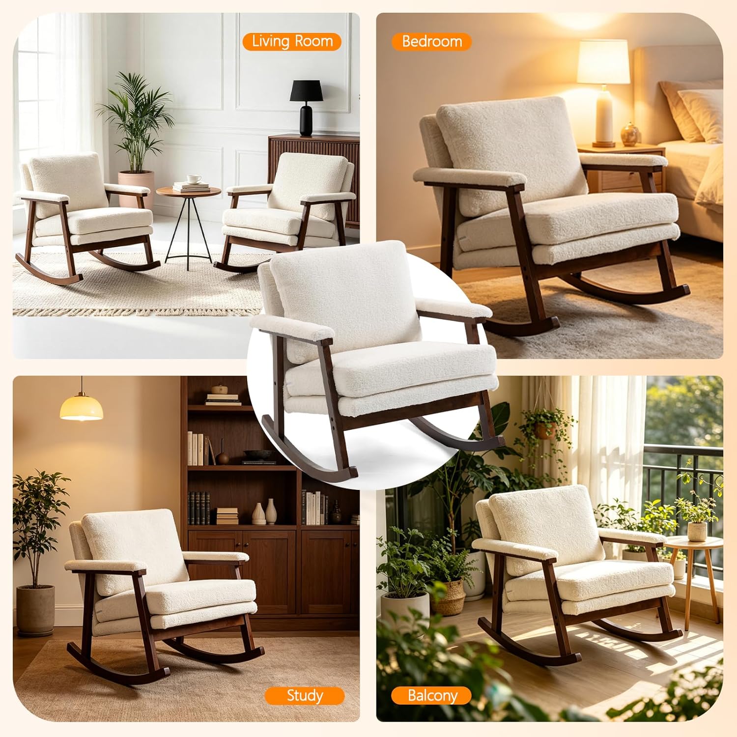 Nursery Rocking Chair with Upholstered Cushion, Wooden Frame Glider Rocker for Nursery, Comfortable Reading Armchair for Living Room, Bedroom & Sunroom (Antique White)