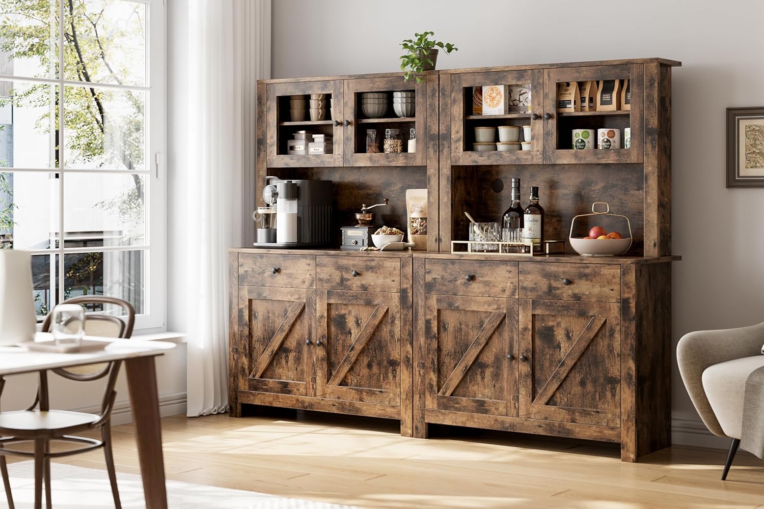 Kitchen Pantry Storage Cabinet with Microwave Stand & Coffee Bar Cabinet,Ample Storage Space with Countertop and 4 Doors, Multi-Scene Use As Hutch or Bar Cabinet, Easy Assembly