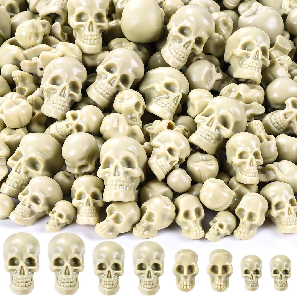 Vellibring 150 PCS Halloween Mini Skull Heads Decoration, Plastic Miniature Decorative Skulls Halloween DIY Resin Skeleton Head Figurines for Halloween Vase Filler Trick Party Table Decor