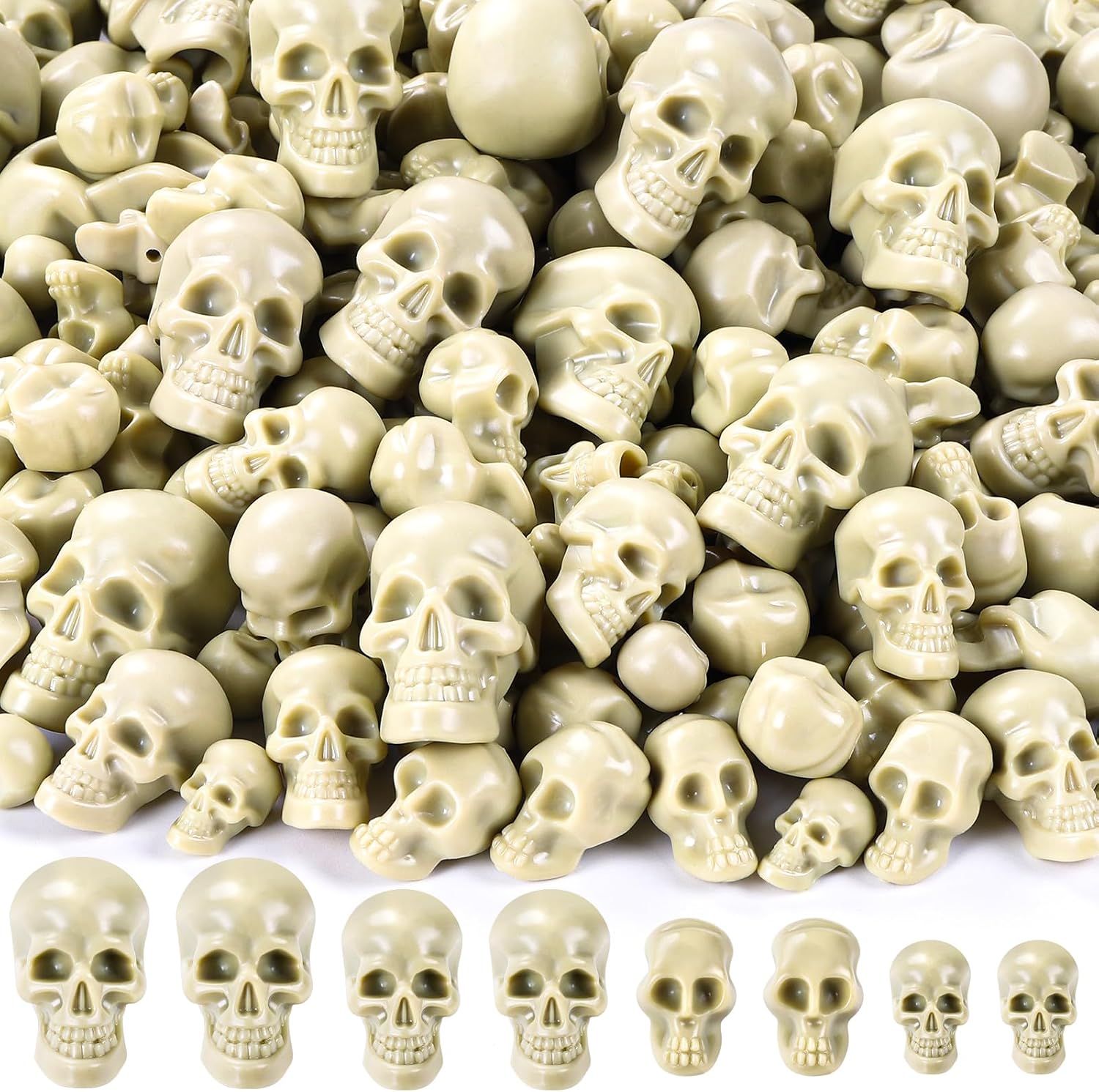 Vellibring 150 PCS Halloween Mini Skull Heads Decoration, Plastic Miniature Decorative Skulls Halloween DIY Resin Skeleton Head Figurines for Halloween Vase Filler Trick Party Table Decor