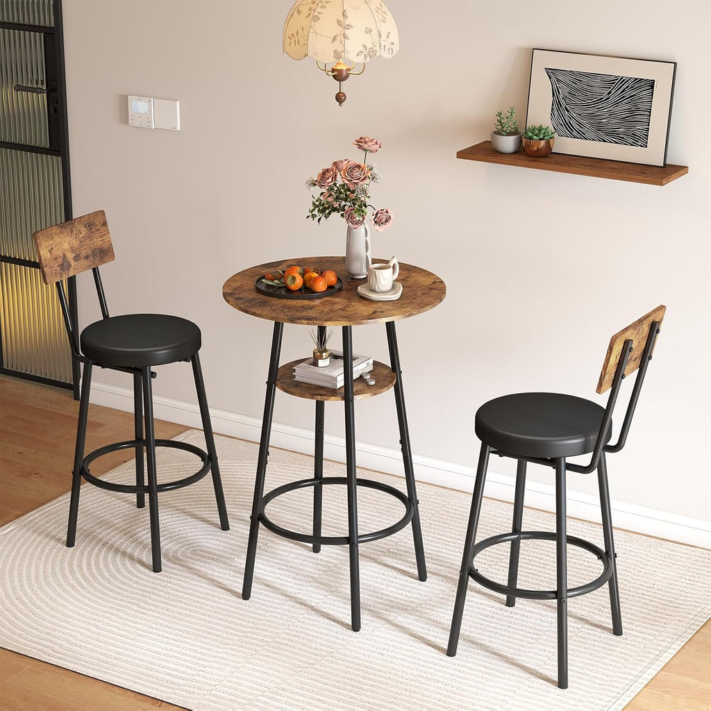 Kiivakii 3 Pieces Round Bar Table and Chairs Set, Breakfast Table, Kitchen Bar Table Set with 2 Ergonomic Cushion Bar Stools & Backrest, Hidden Storage Rack for Dining Room, Pub & Small Space, Brown