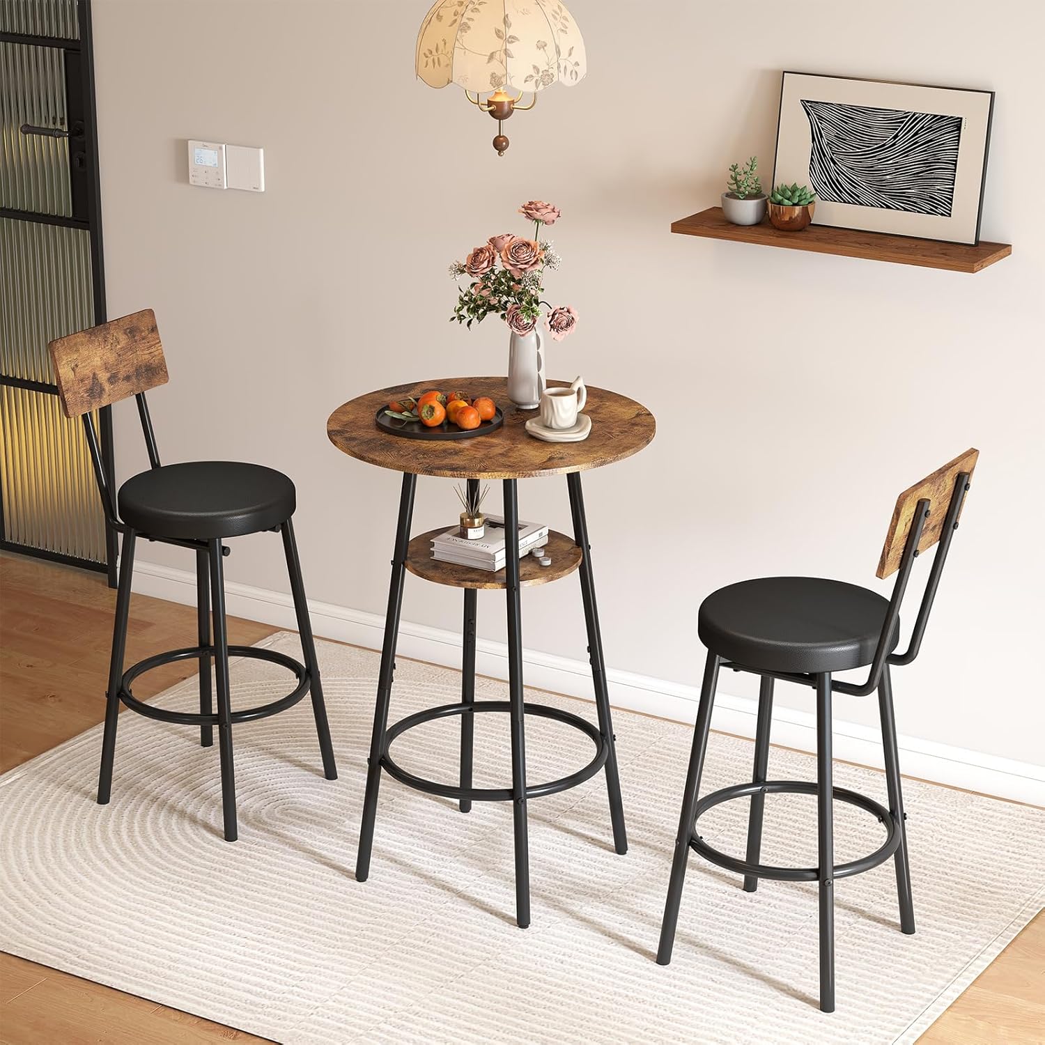 Kiivakii 3 Pieces Round Bar Table and Chairs Set, Breakfast Table, Kitchen Bar Table Set with 2 Ergonomic Cushion Bar Stools & Backrest, Hidden Storage Rack for Dining Room, Pub & Small Space, Brown