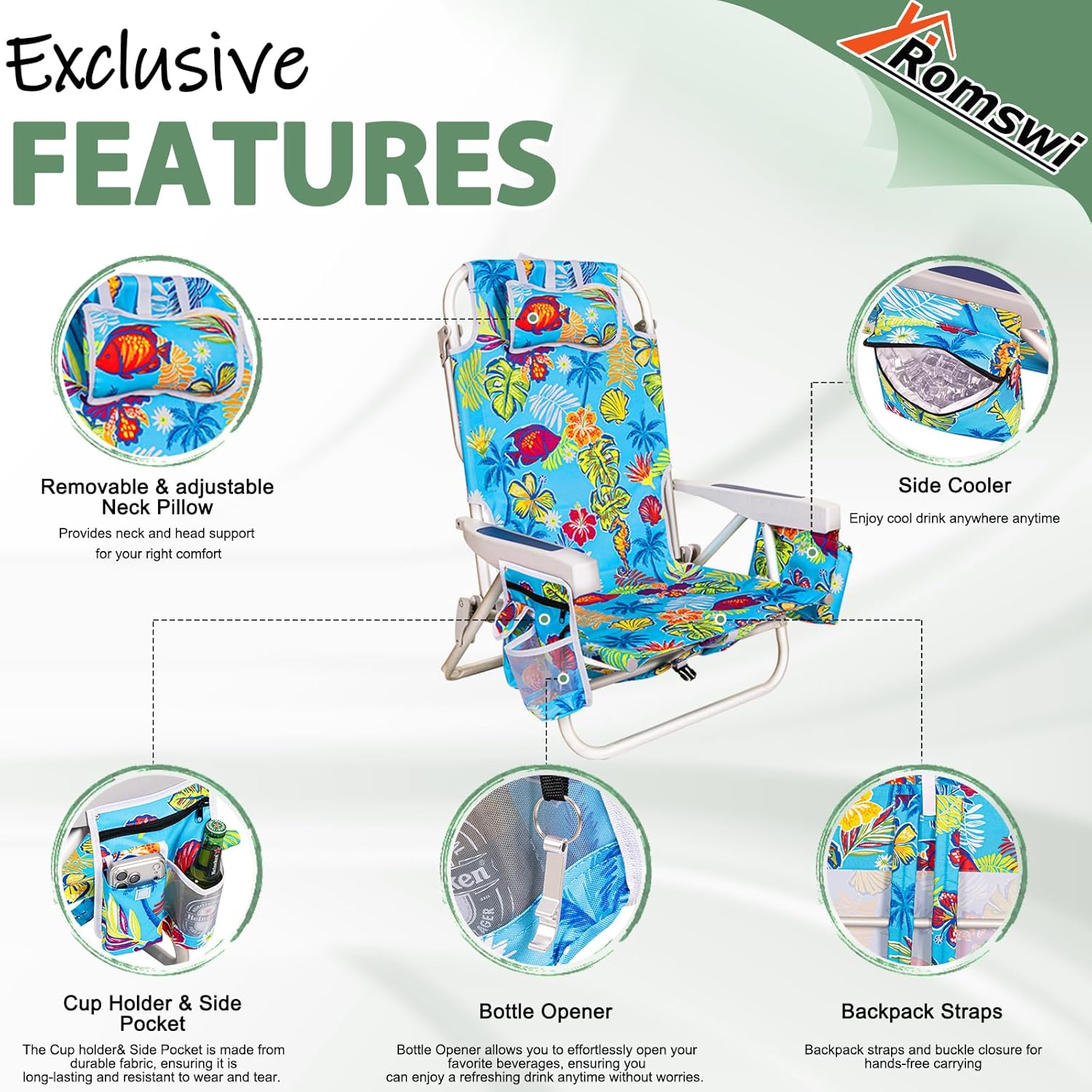 2Pk Aluminum Extra Wide 5-Position Lay Flat Folding Backpack Beach Chairs for Adults, with Cooler Bag, Cup&Phone Holder, Towel Bar for Outdoor Lawn Picnic Sport, Portable Camping Chairs,Tropical Print