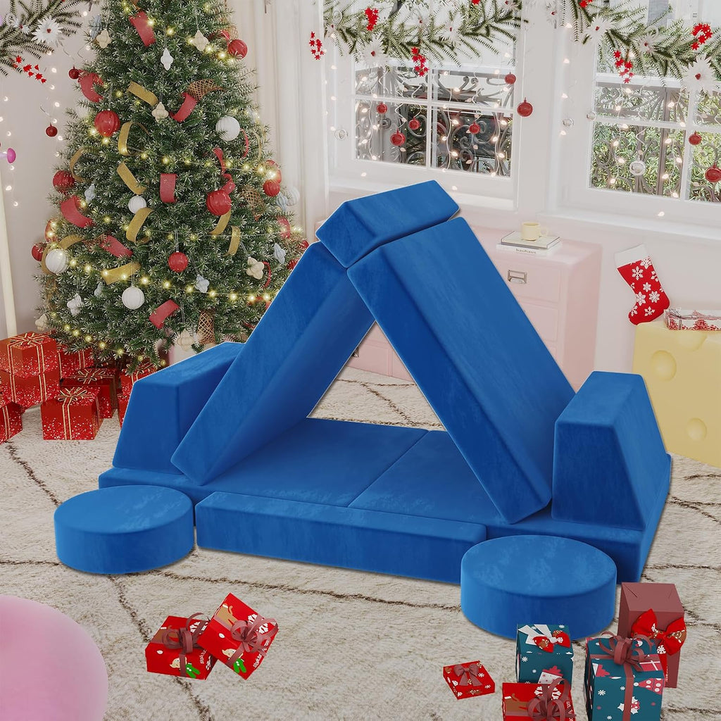 Modular Kids Play Couch, Kids Sectional Couch Sofa, Bedroom and Playroom Convertible Foam for Toddlers, Floor Cushion for Imaginative Boys and Girls (Dark Blue-Suede)