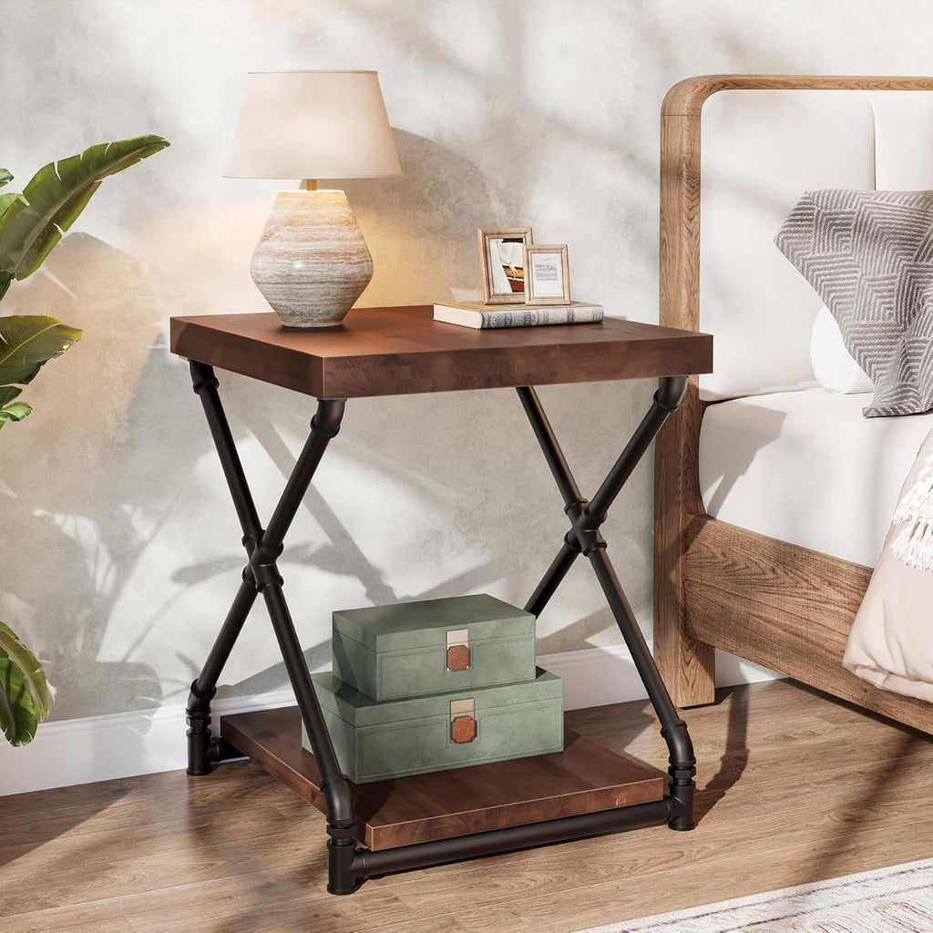Tribesigns Solid Wood End Side Table with Storage Space for Living Room, Small Wood Nightstand for Bedroom, Dark Brown