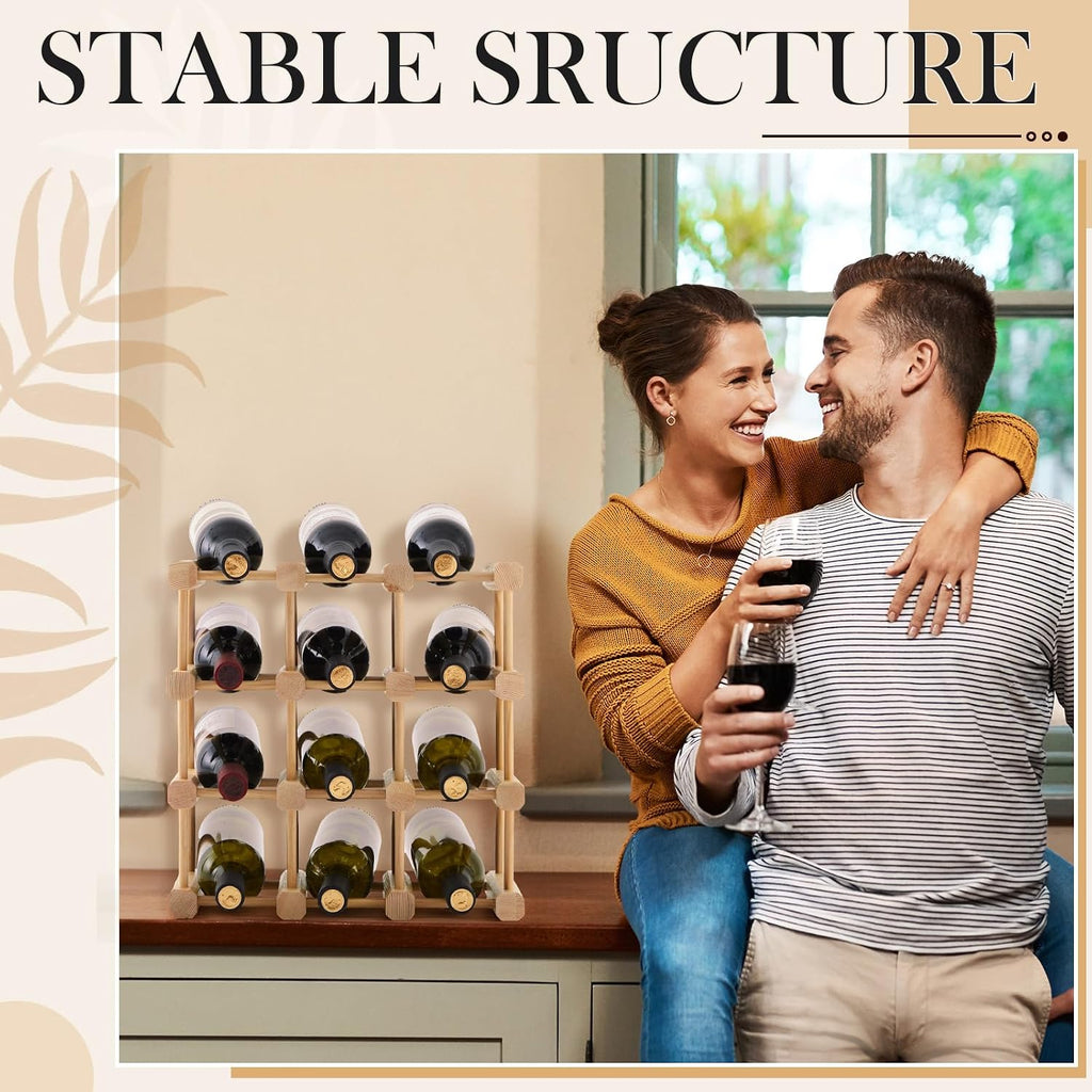Juexica 1 Pcs 12 Bottles Wooden Wine Rack Sturdy and Durable for Inside Cabinet Stackable Countertop Modular Wine Storage Rack DIY Assembly Bottle Holder for Cellar (Natural Color)