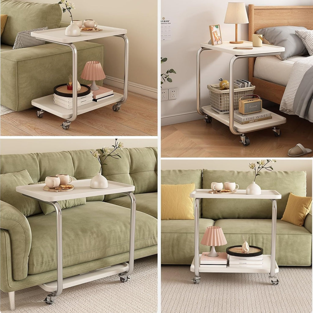 C Shaped End Table with Wheel TV Tray Sofa Table Metal Frame Waterproof Top Movable Laptop Side Table for Living Room Lightweight