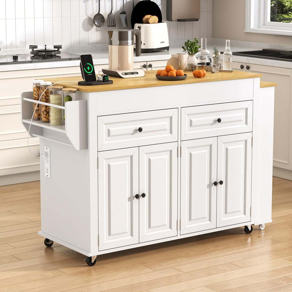 80"-48" Extendable Kitchen Island with Extended Dining Table and Power Outlet,Large Mobile Kitchen Storage Islands with 2 Storage Drawers,Rolling Islands Cart with 3 Extra Rows Open Shelves(White)