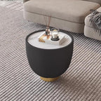 Penau Modern Round Side Table, Faux Marble Sintered Stone Top with Microfiber Leather Edge, Gold Metal Pedestal Base, No Assembly, 19.69 x 19.69 x 16.93 Inchs, Grey Pattern