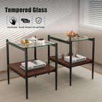 Set of 2 Rectangle End Tables, Tempered Glass Top Nightstands with MDF Shelf, Metal Frame Accent Furniture for Living Room, Bedroom, Sofa Side, Small Space, Apartment,Office Decor (Black+Transparent)