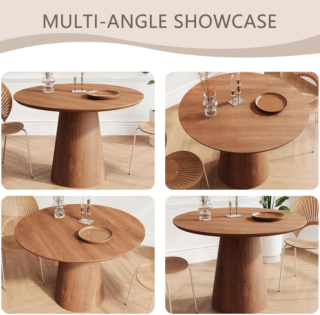43" Round Dining Table for 4,Modern Natural Wood Dining Table with Cone Wood Pedestal Base, Retro Farmhouse Solid Wood Circle Dining Room Table for Living Room Kitchen, Dining Room(Walnut)