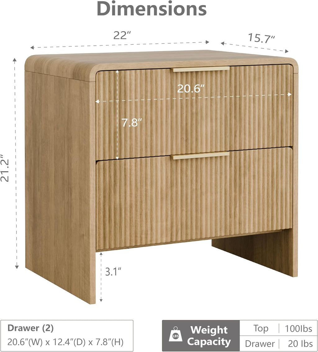 Lab Cosi Nightstand with 2 Drawers,18.9" W Modern Bedside Table with Metal Handles,Fluted Side Table,Mid Century End Table Night Stand for Living Room,Bedroom Sofa Office (Natural Oak)