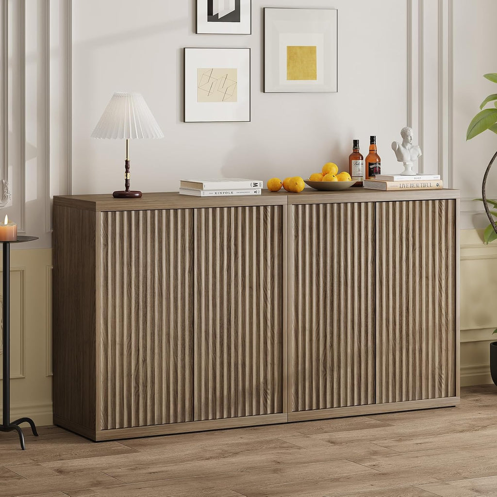 Airynee 31” Sideboard Cabinet with Storage, Fluted Accent Cabinet with Adjustable Shelves, Modern Wood Credenza Cabinets with Pop-up Doors for Entryway Kitchen Living Room Hallway, Brown 2 Pcs
