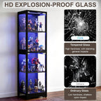 DreamDashio Display Cabinet with Glass Doors, 4-Tier Curio Cabinet with App RGB Lights for Collectibles, Display Case with Human Body Sensor, Corner Cabinet, Bookcase, Storage Cabinets, Black