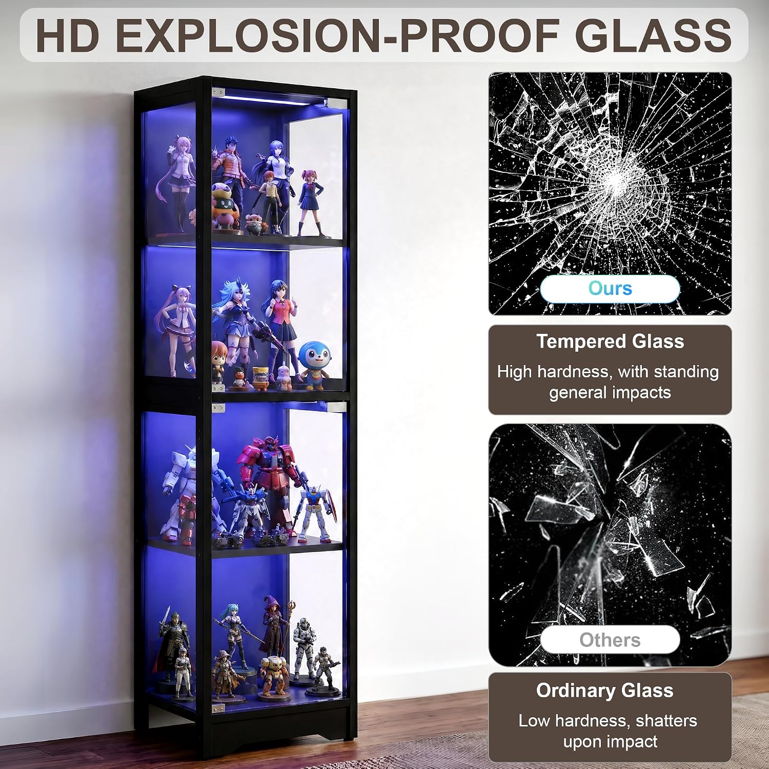 DreamDashio Display Cabinet with Glass Doors, 4-Tier Curio Cabinet with App RGB Lights for Collectibles, Display Case with Human Body Sensor, Corner Cabinet, Bookcase, Storage Cabinets, Black
