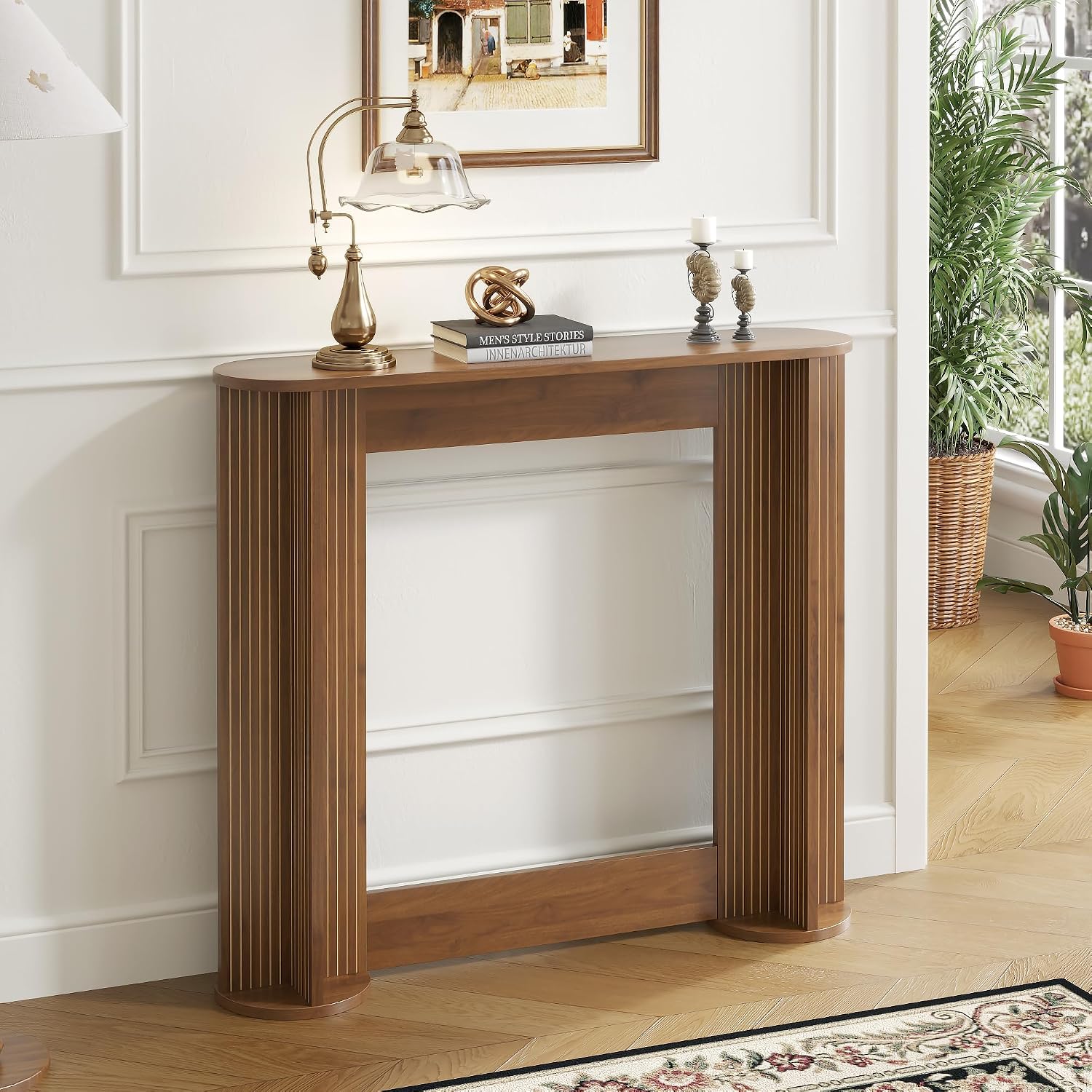 35 Inch Small Narrow Console Table Behind Couch, Mid-Century Modern Fluted Skinny Entryway Table, Slim Sofa Table for Hallway, Living Room, Wood, Brown, Walnut