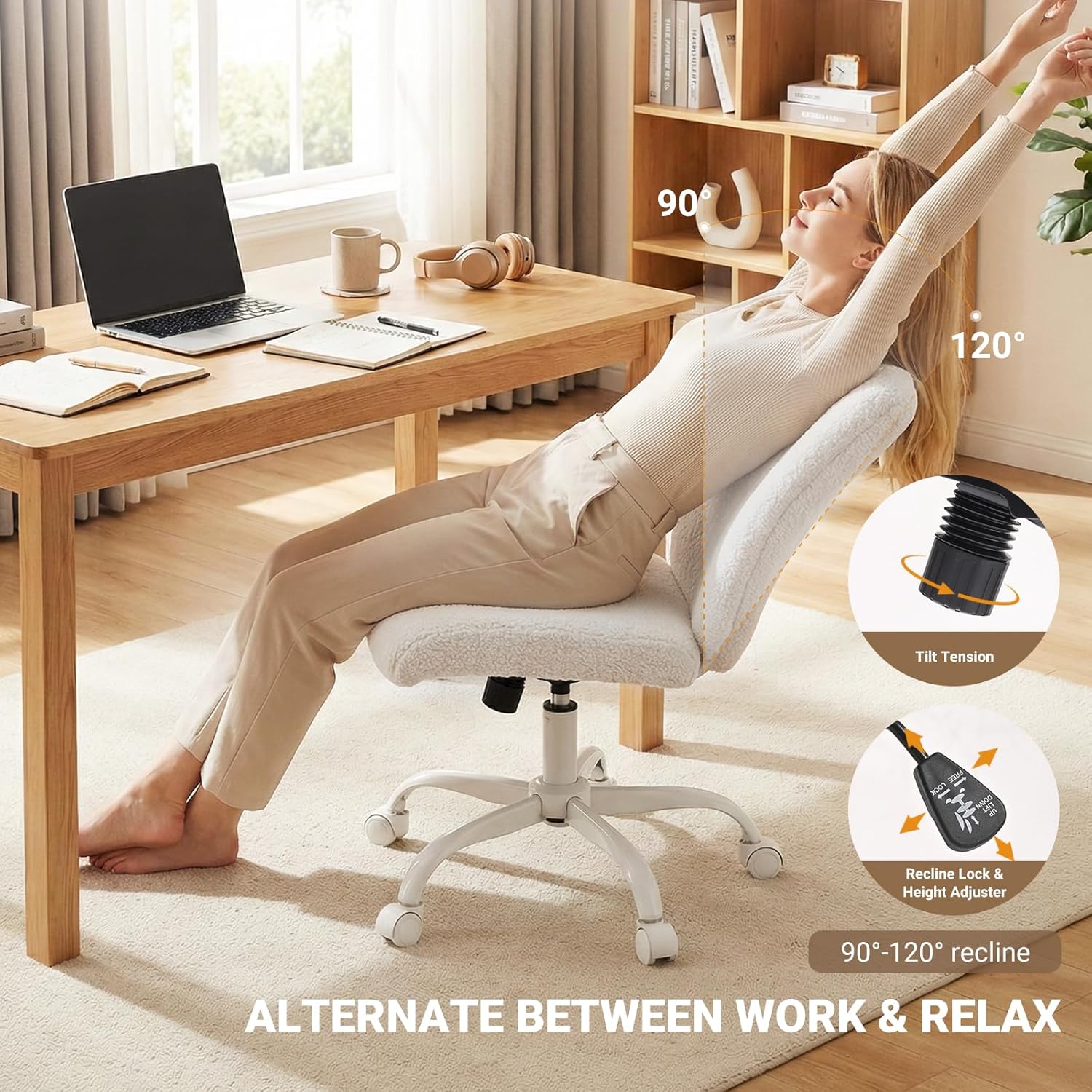 Vanity Chair with Wheels, Armless Office Chair Height Adjustable, Cute Desk Chair with Soft Lumbar Support for Small Space, Bedroom, Make-up Room, White