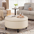 FiveWillowise 30 Inch Large Round Ottoman with Storage, Modern Leather Ottoman Coffee Table with Lift Top, Upholstered Button Tufted Footrest Stool Toy Blanket Storage for Living Room,Cream White