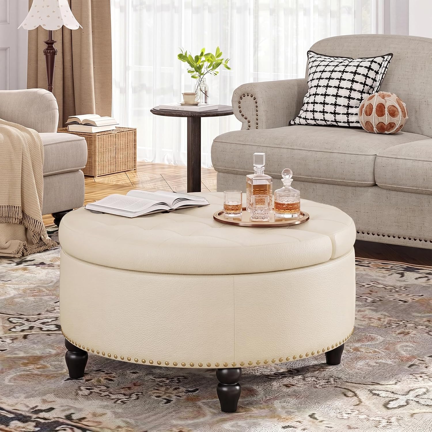 FiveWillowise 30 Inch Large Round Ottoman with Storage, Modern Leather Ottoman Coffee Table with Lift Top, Upholstered Button Tufted Footrest Stool Toy Blanket Storage for Living Room,Cream White