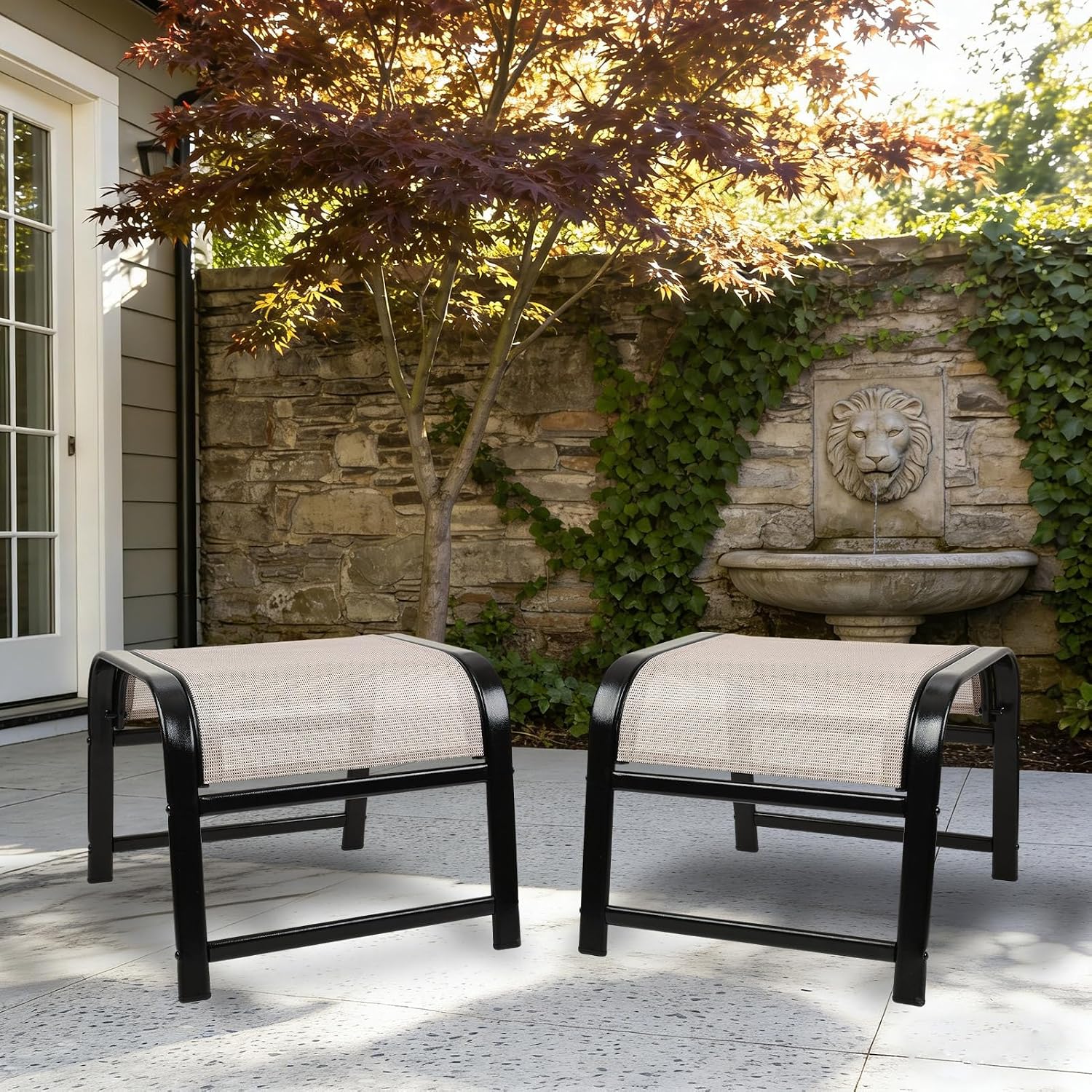 Patio Outdoor Footstool 2 Set, Sturdy Textile Stackable Ottoman Small Seat for Garden Beige