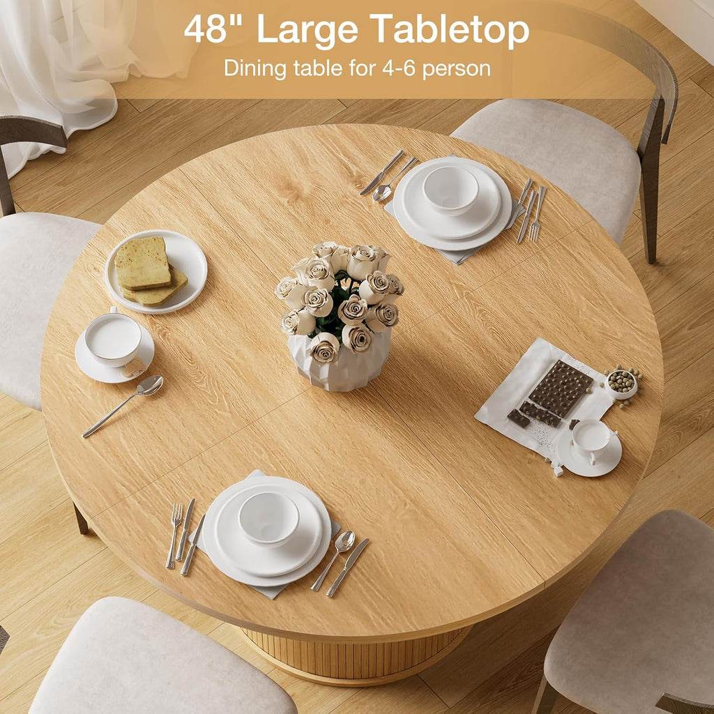 HOMMPA 48'' Round Dining Table for 4 Kitchen Dining Table with Storage Dinner Table with 2-Layer Shelf and Wood Slide Door for Home Dining Room Living Room Natural