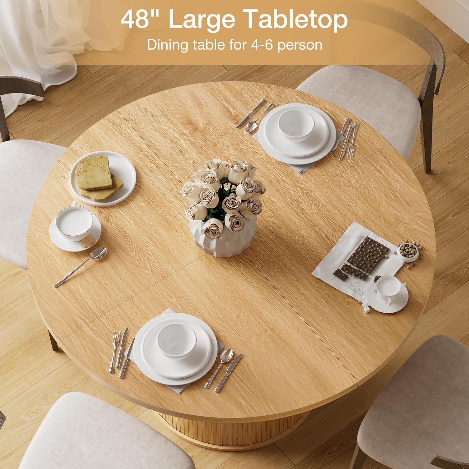 HOMMPA 48'' Round Dining Table for 4 Kitchen Dining Table with Storage Dinner Table with 2-Layer Shelf and Wood Slide Door for Home Dining Room Living Room Natural