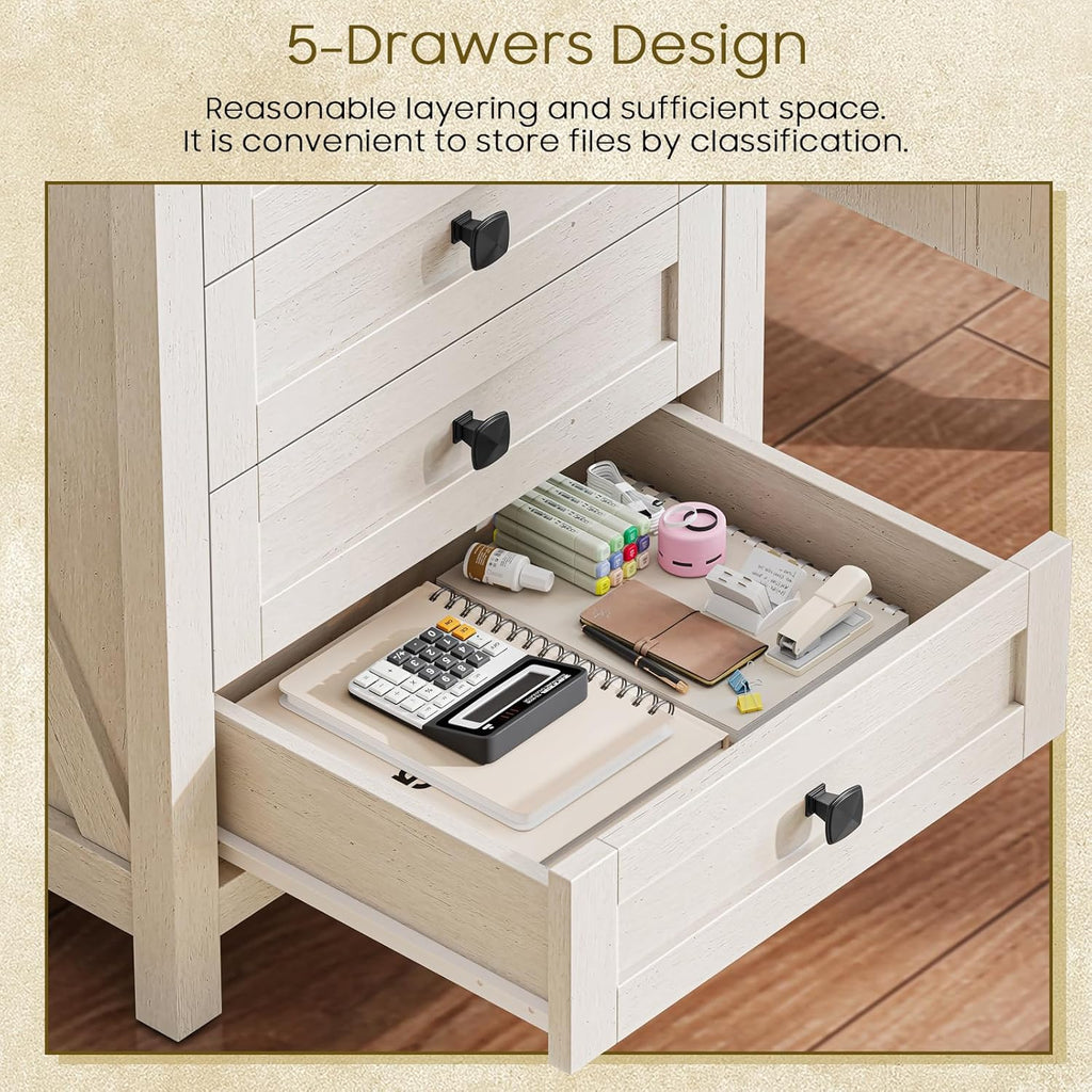 Halitaa 5 Drawer Storage Cabinet, Office Storage Cabinet with 5 Drawers, Small Farmhouse Printer Stand for Home Office, Rustic White and Brown