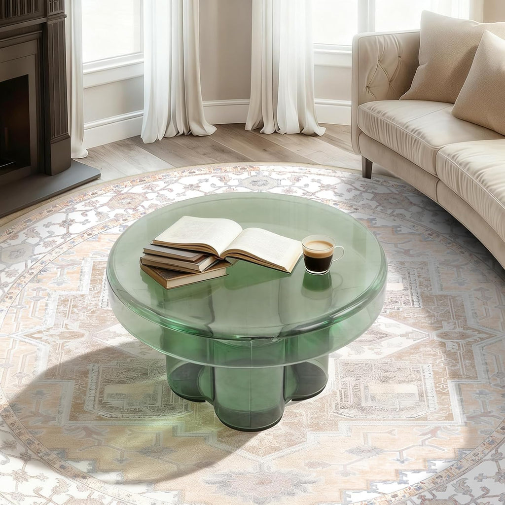 Round Glass End Table, Modern Floral Base Coffee Table Small Accent Side Table for Living Room Bedroom Office 15" or 22" Tabletop
